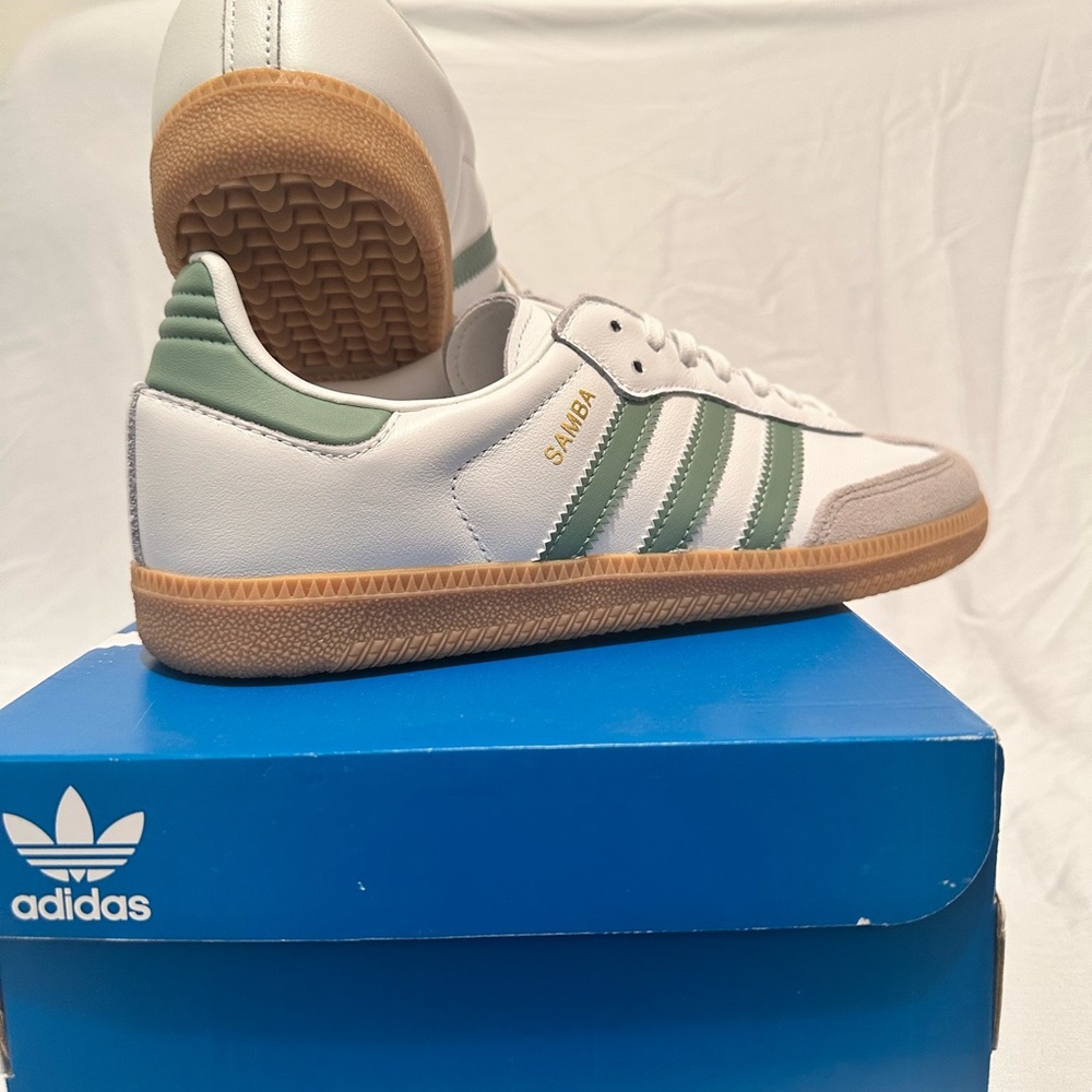 adidas Samba White Sneakers with Green Stripes and Gum Sole - Picture 3 of 4